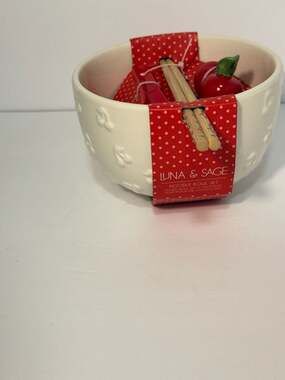 NWT Luna & Sage Cherry Motif Noodle Bowl Set with Spoon and Chopstick Rest